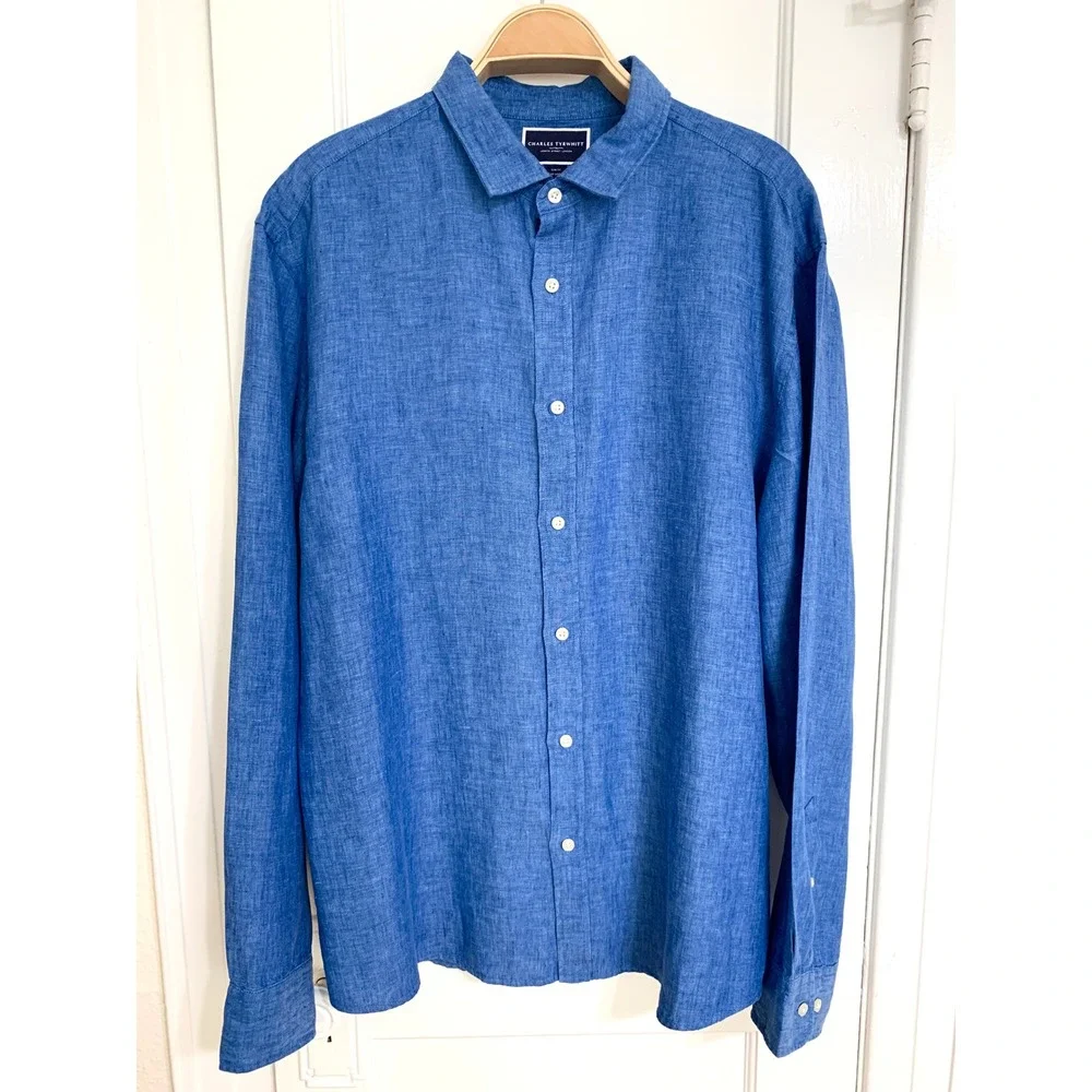 Charles Tyrwhitt Mens Pure Linen Slim Fit Shirt Cornflower Blue XXL $139 - Picture 3 of 16